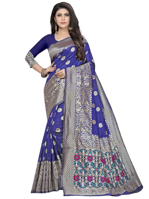 blue cotton blend banarasi saree with blouse - 20214263 -  Standard Image - 0
