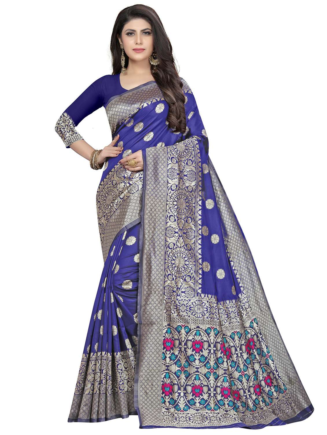 blue cotton blend banarasi saree with blouse - 20214263 -  Zoom Image - 0