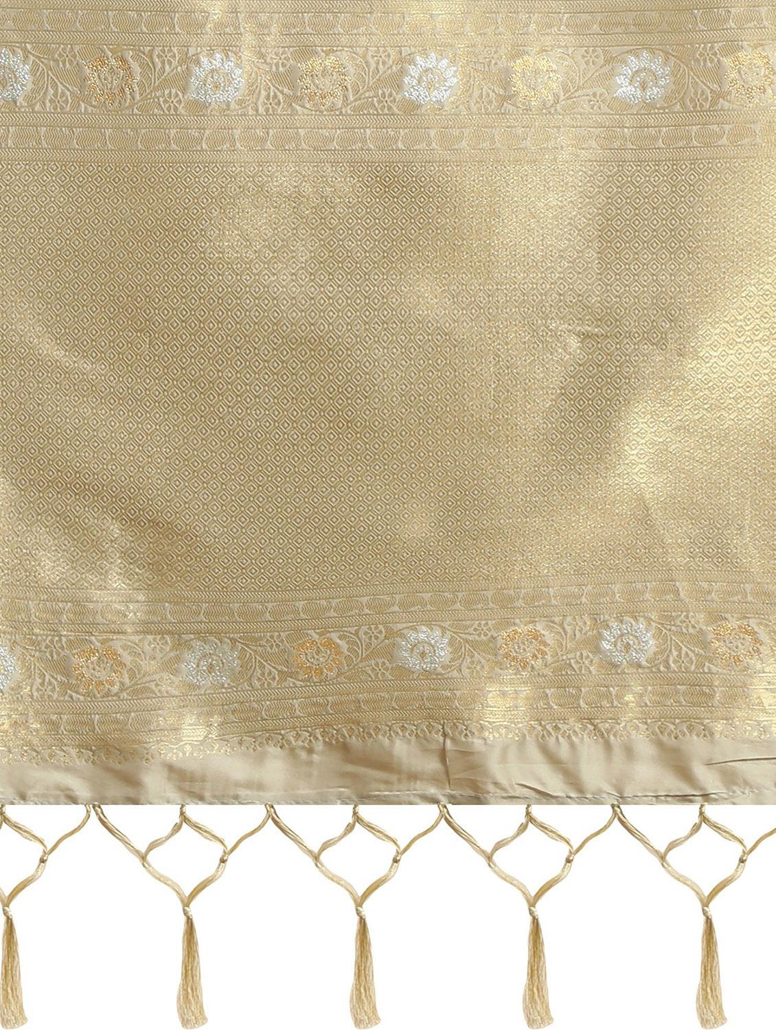 beige floral silk blend banarasi saree with blouse - 20214369 - Standard Image - 3