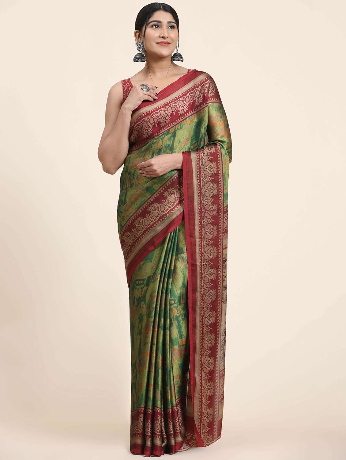 women's printed green colored saree with blouse