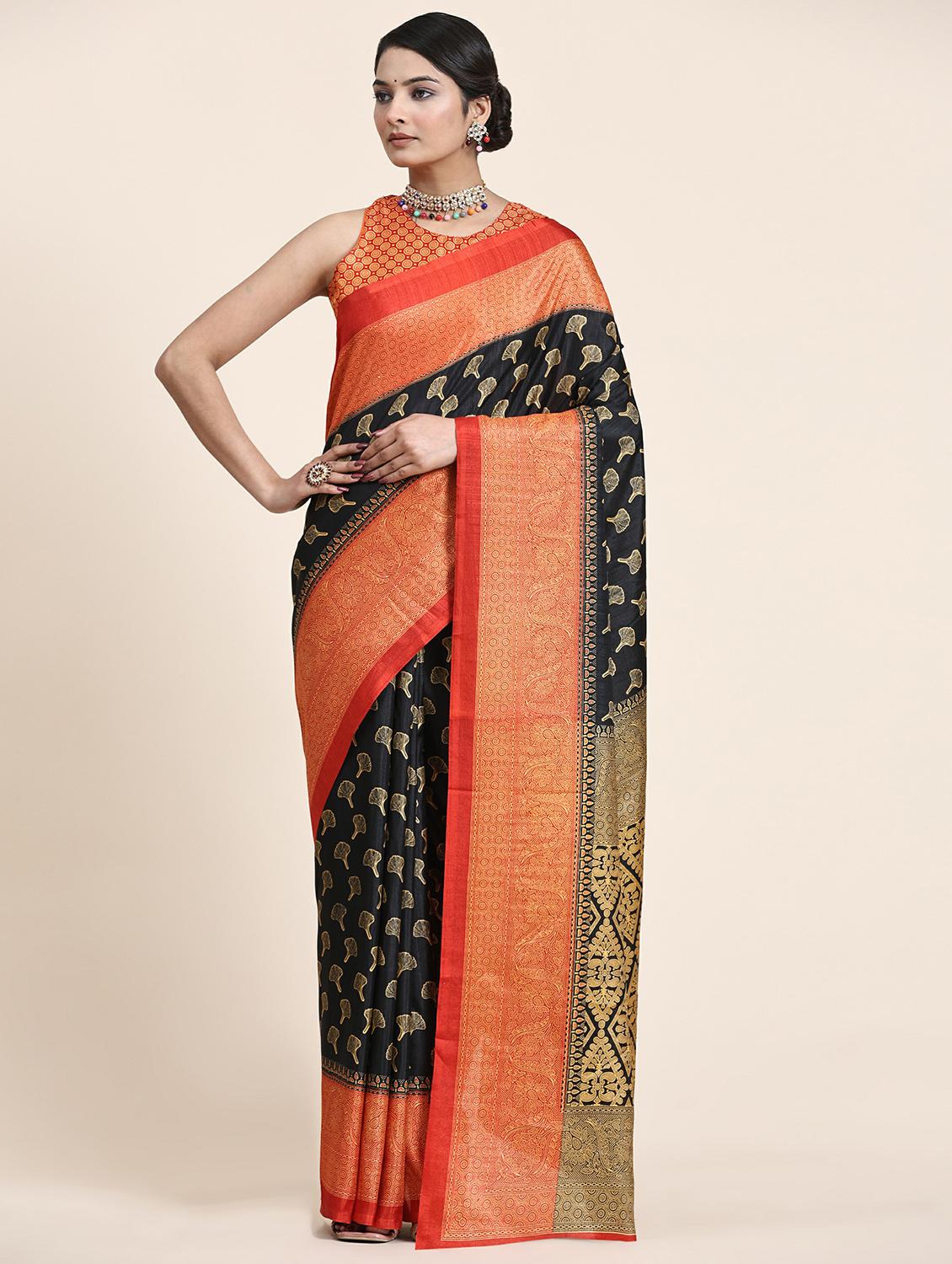 women's self design black colored saree with blouse