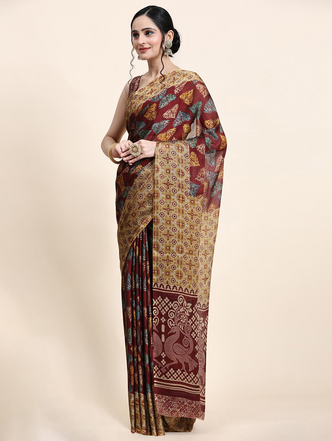 women's printed maroon colored saree with blouse