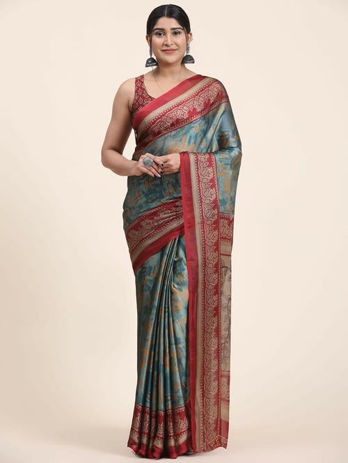 women's printed teal colored saree with blouse - 20214433 -  Standard Image - 0