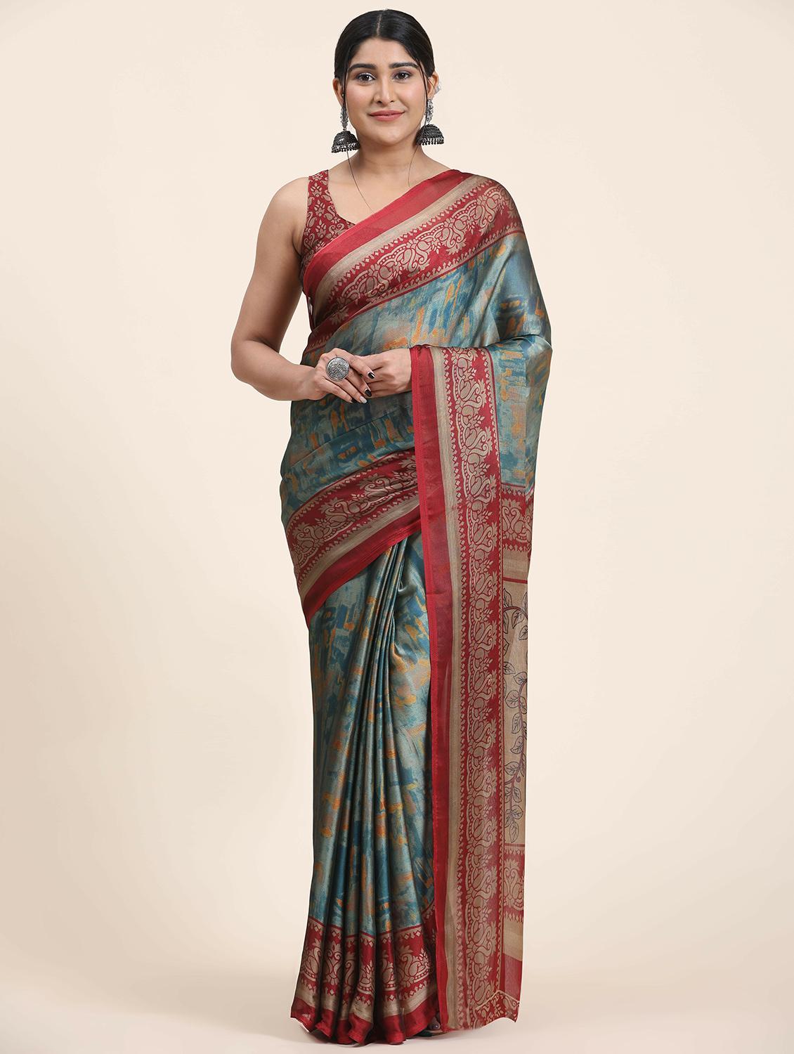 women's printed teal colored saree with blouse - 20214433 -  Zoom Image - 0