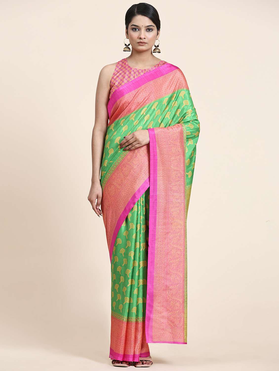 women's self design green colored saree with blouse