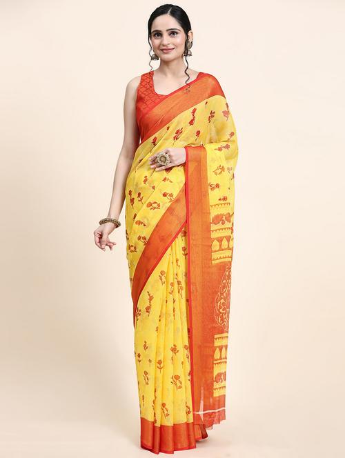 women's floral yellow colored saree with blouse - 20214466 - Standard Image - 0