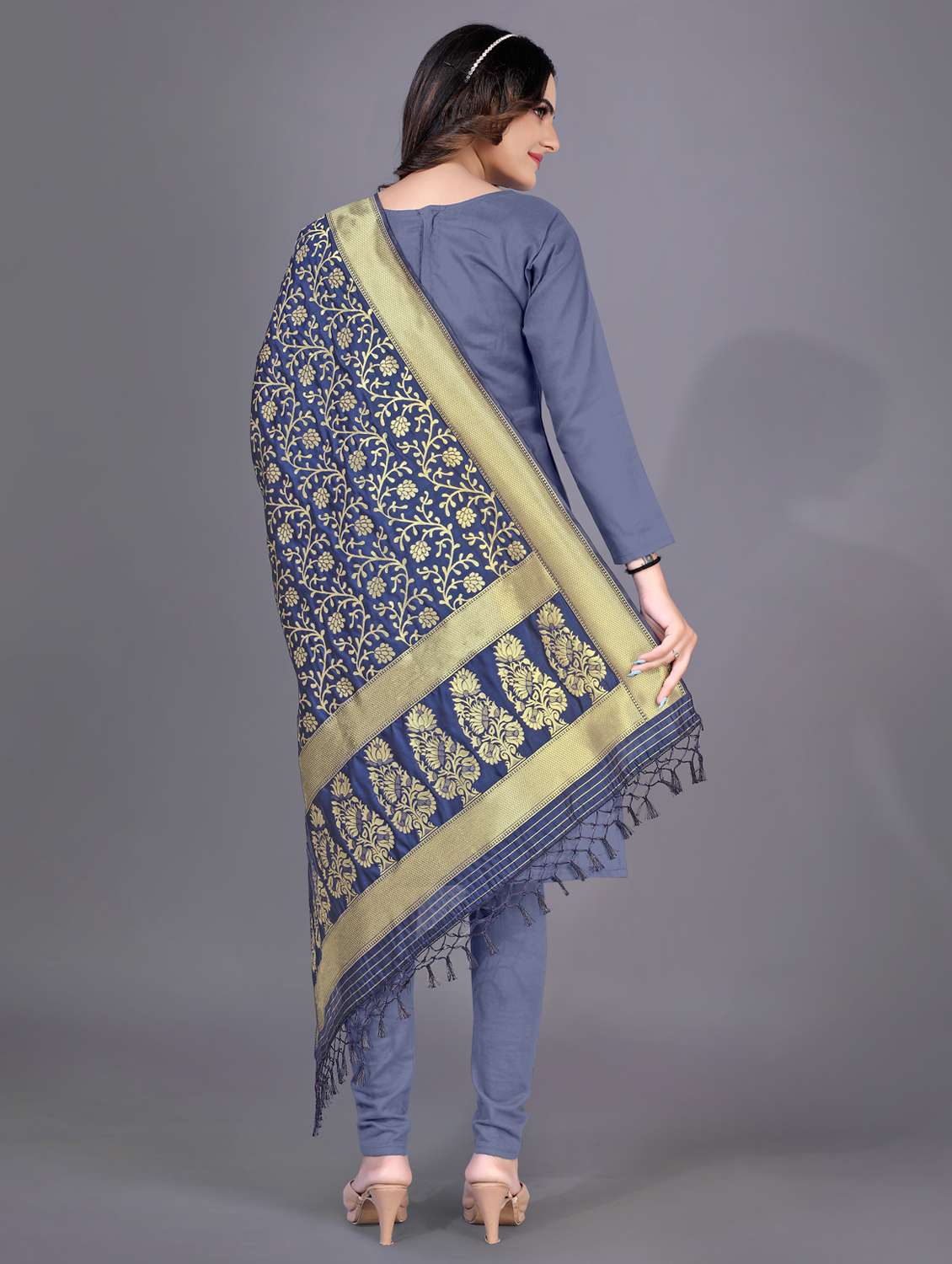 floral zari woven dupatta - 20214502 -  Standard Image - 3