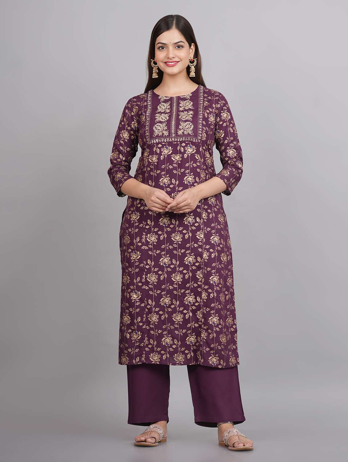 women purple floral printed straight kurta - 20215064 - Zoom Image - 0