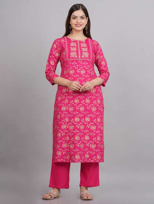 pink floral printed round neck straight kurta - 20215065 - Standard Image - 0