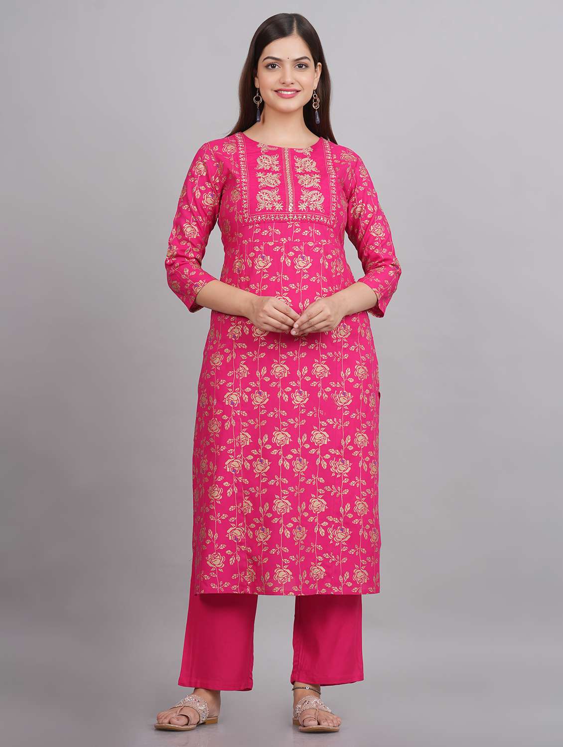 pink floral printed round neck straight kurta - 20215065 - Zoom Image - 0