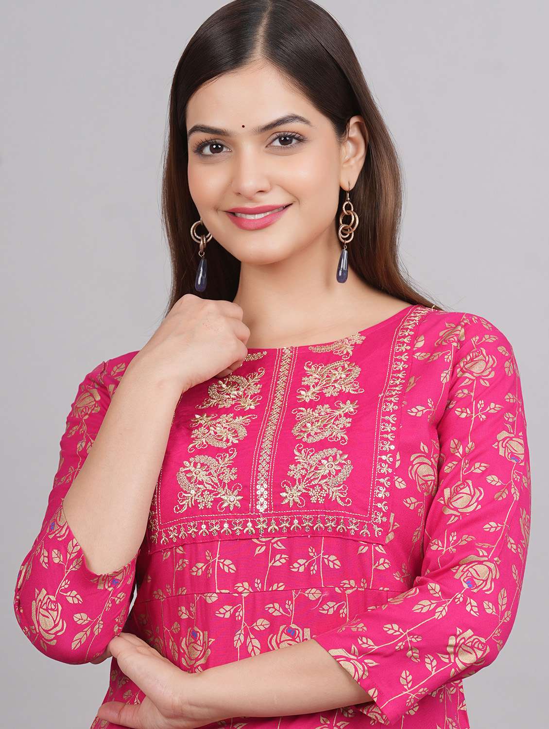 pink floral printed round neck straight kurta - 20215065 - Standard Image - 3