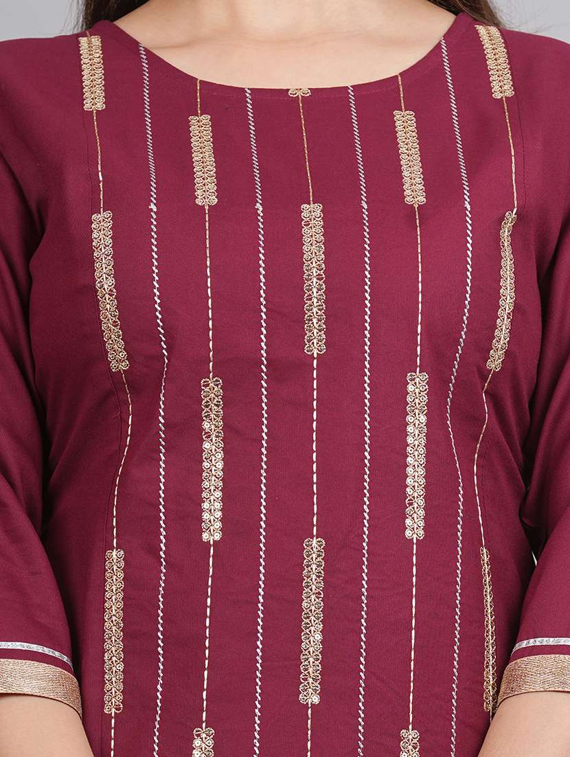 maroon sequin work round neck straight kurta - 20215072 -  Standard Image - 3