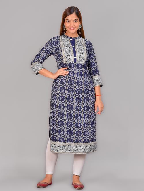 women navy blue mandarin neck straight kurta - 20215082 - Standard Image - 0