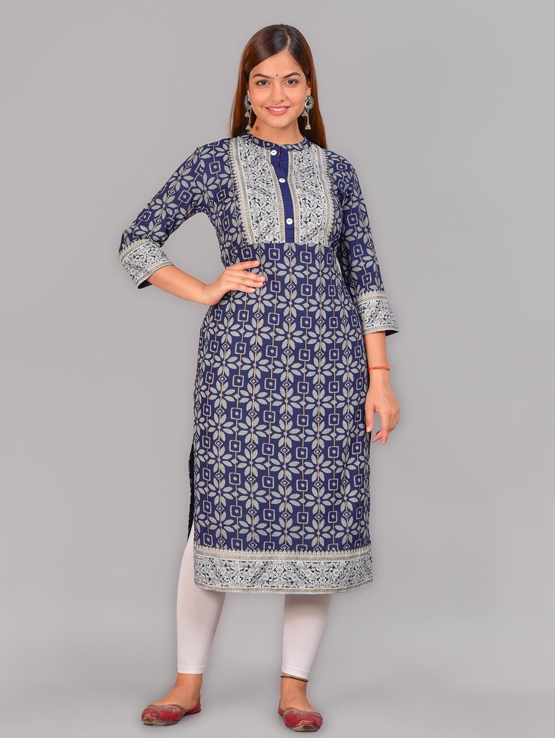 women navy blue mandarin neck straight kurta - 20215082 - Zoom Image - 0