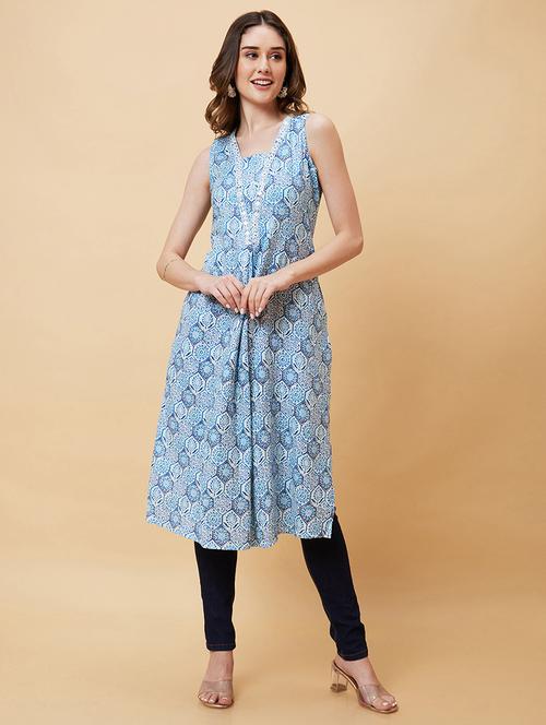 blue floral printed a-line kurta - 20221123 - Standard Image - 0
