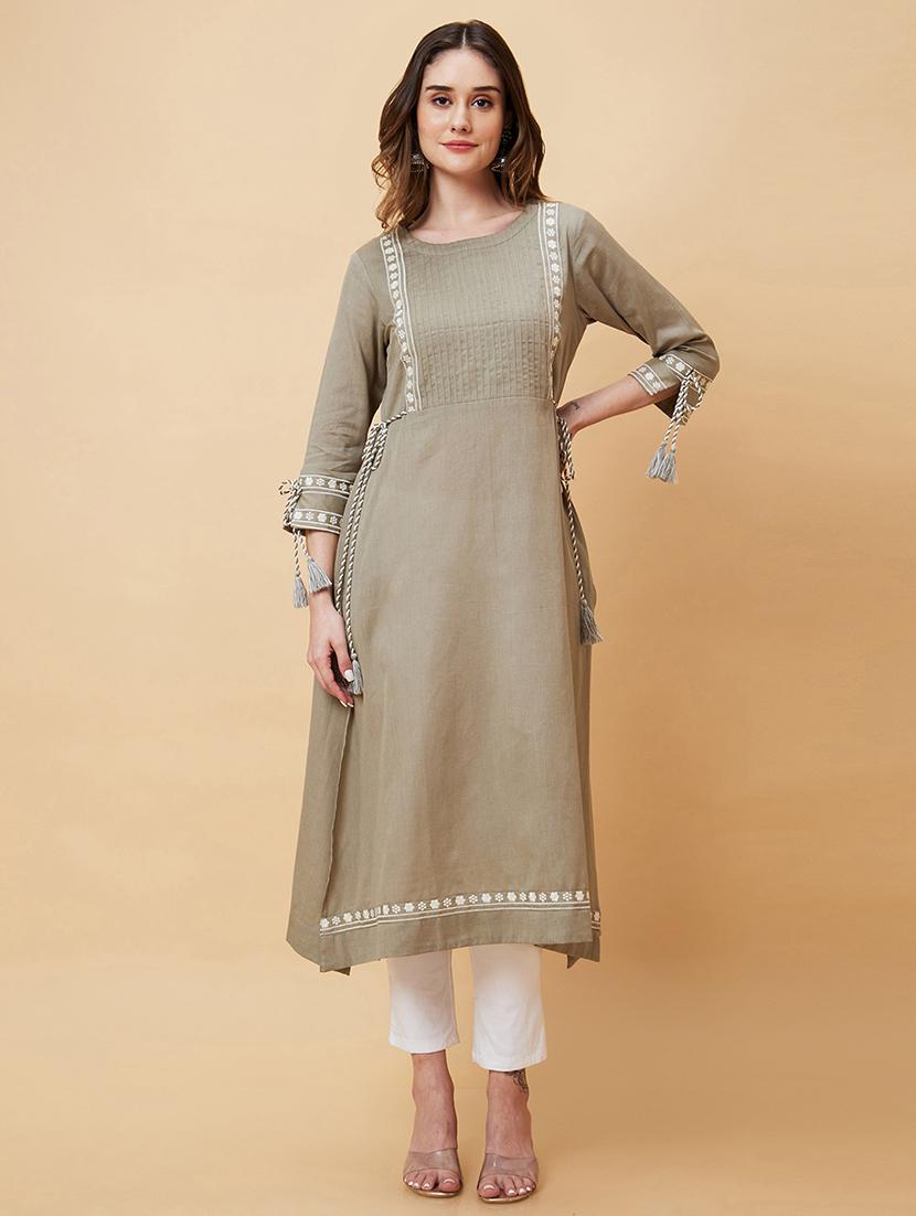 olive embroidered a-line kurta - 20221132 - Zoom Image - 0