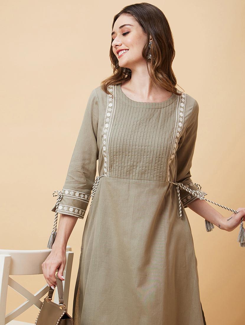 olive embroidered a-line kurta - 20221132 - Standard Image - 3