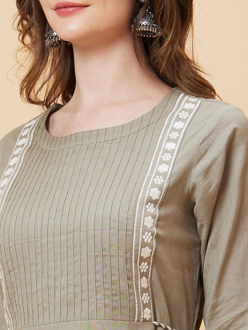 olive embroidered a-line kurta - 20221132 - Standard Image - 5