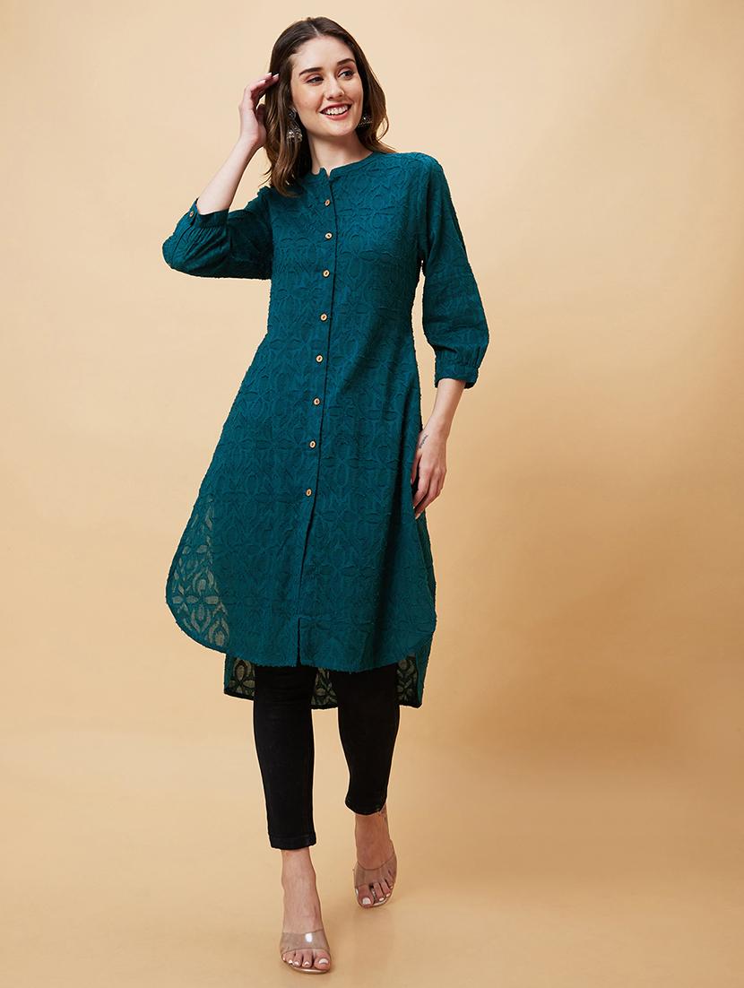 green self-designed straight kurta - 20221137 - Zoom Image - 0