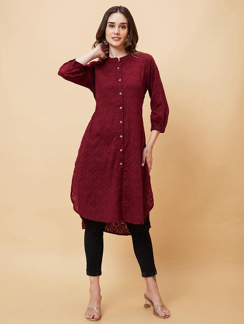 maroon self-designed straight kurta - 20221138 - Standard Image - 0