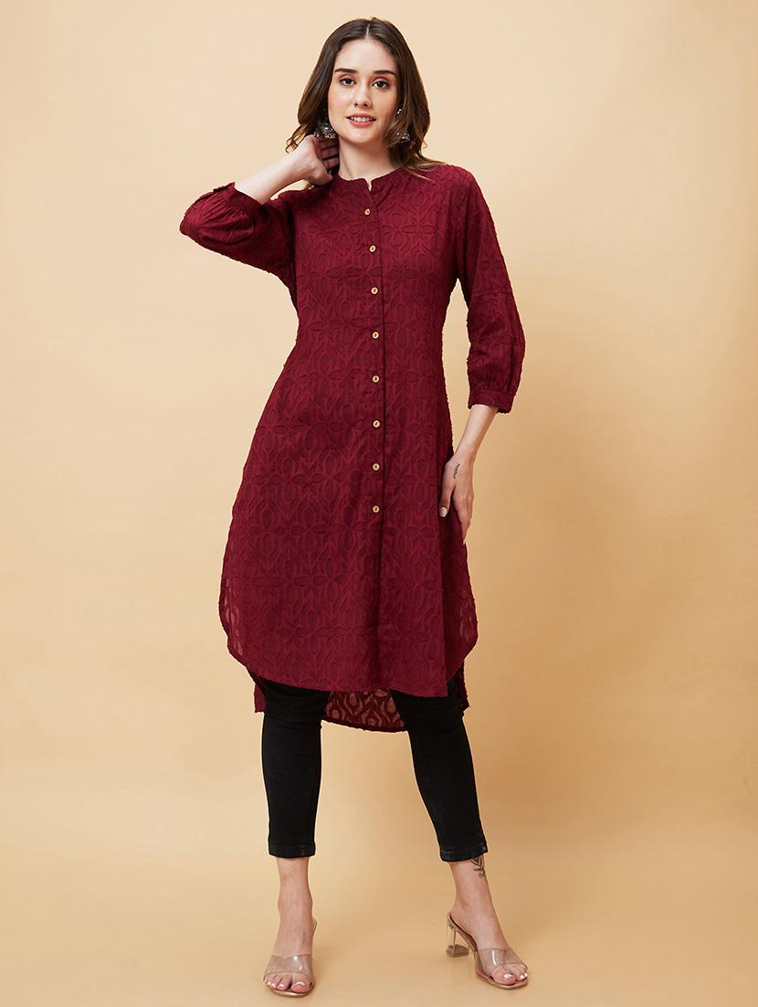 maroon self-designed straight kurta - 20221138 - Zoom Image - 0