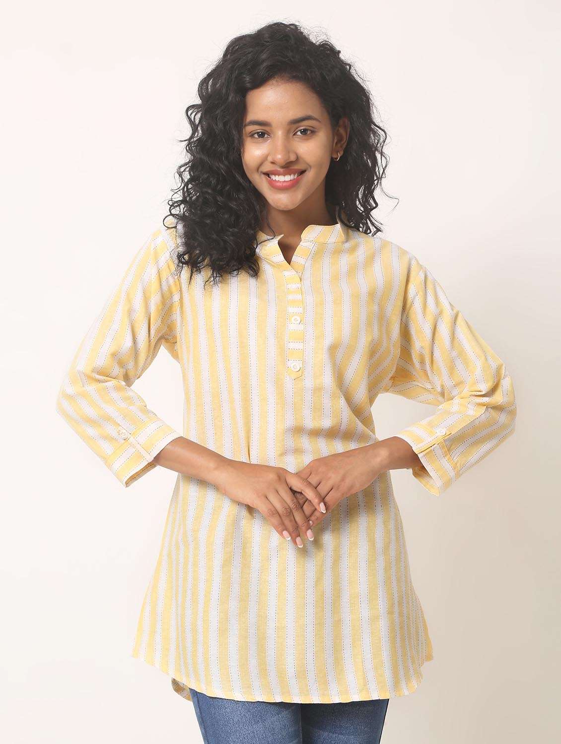 yellow stripes mandarin neck regular tunic - 20221184 - Zoom Image - 0