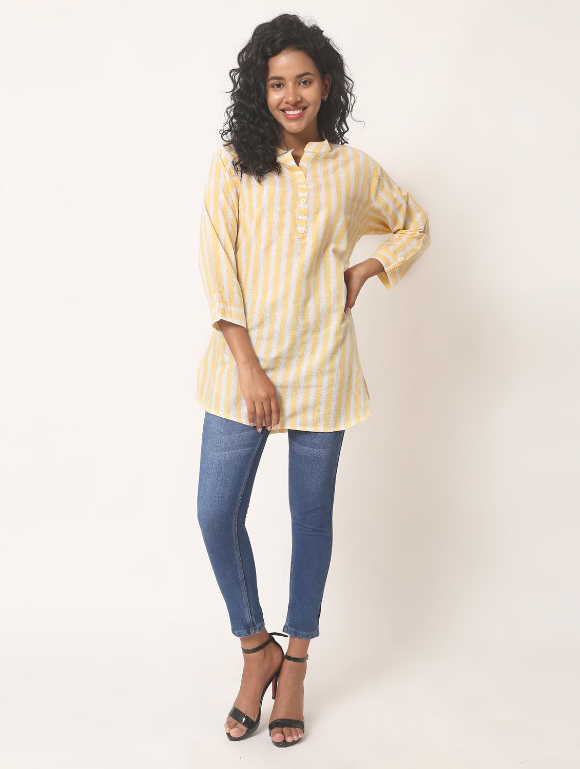 yellow stripes mandarin neck regular tunic - 20221184 - Standard Image - 3