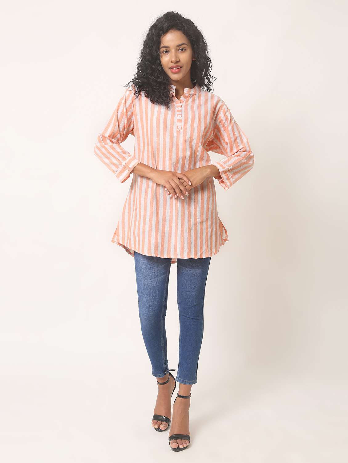 orange stripes mandarin neck regular tunic - 20221187 - Standard Image - 3