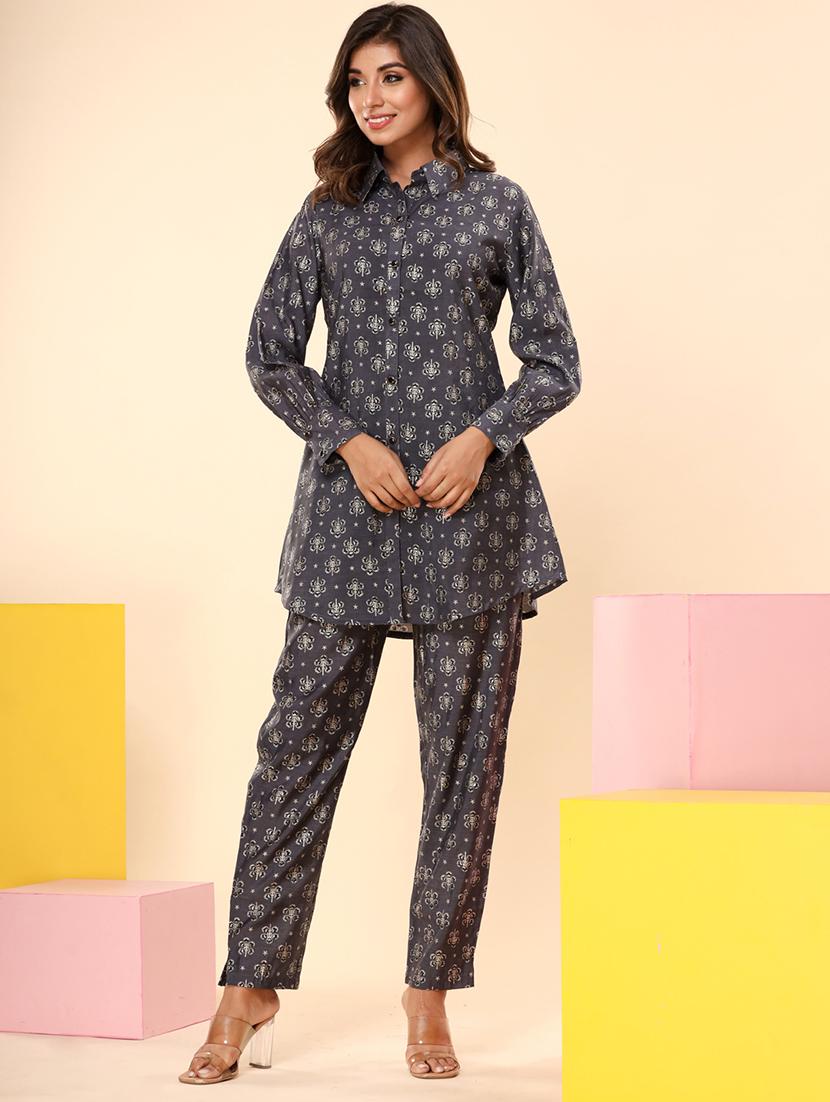 grey floral printed shirt collar co-ord sets