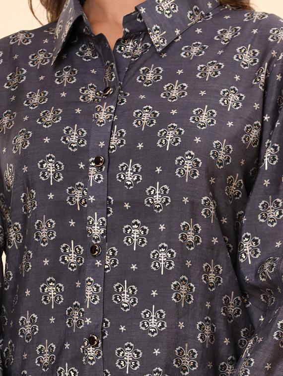 grey floral printed shirt collar co-ord sets - 20223094 - Standard Image - 3