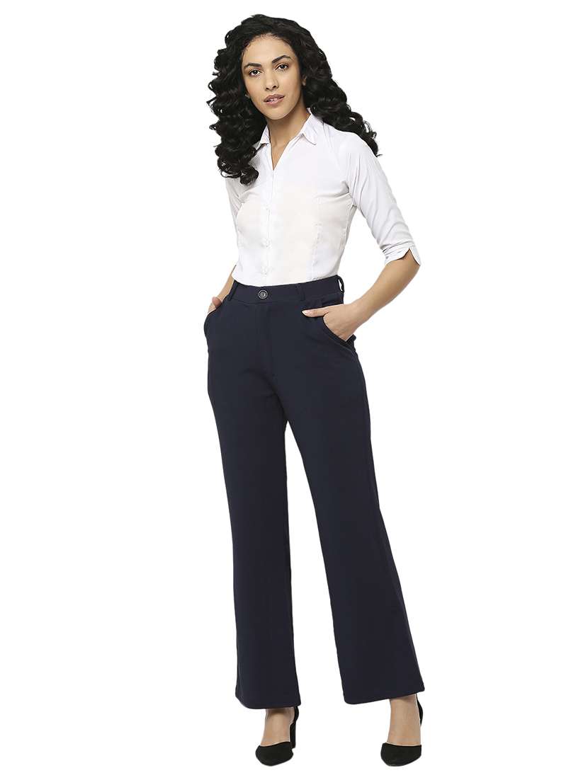 navy blue solid high rise bootcut trouser - 20223739 -  Standard Image - 3