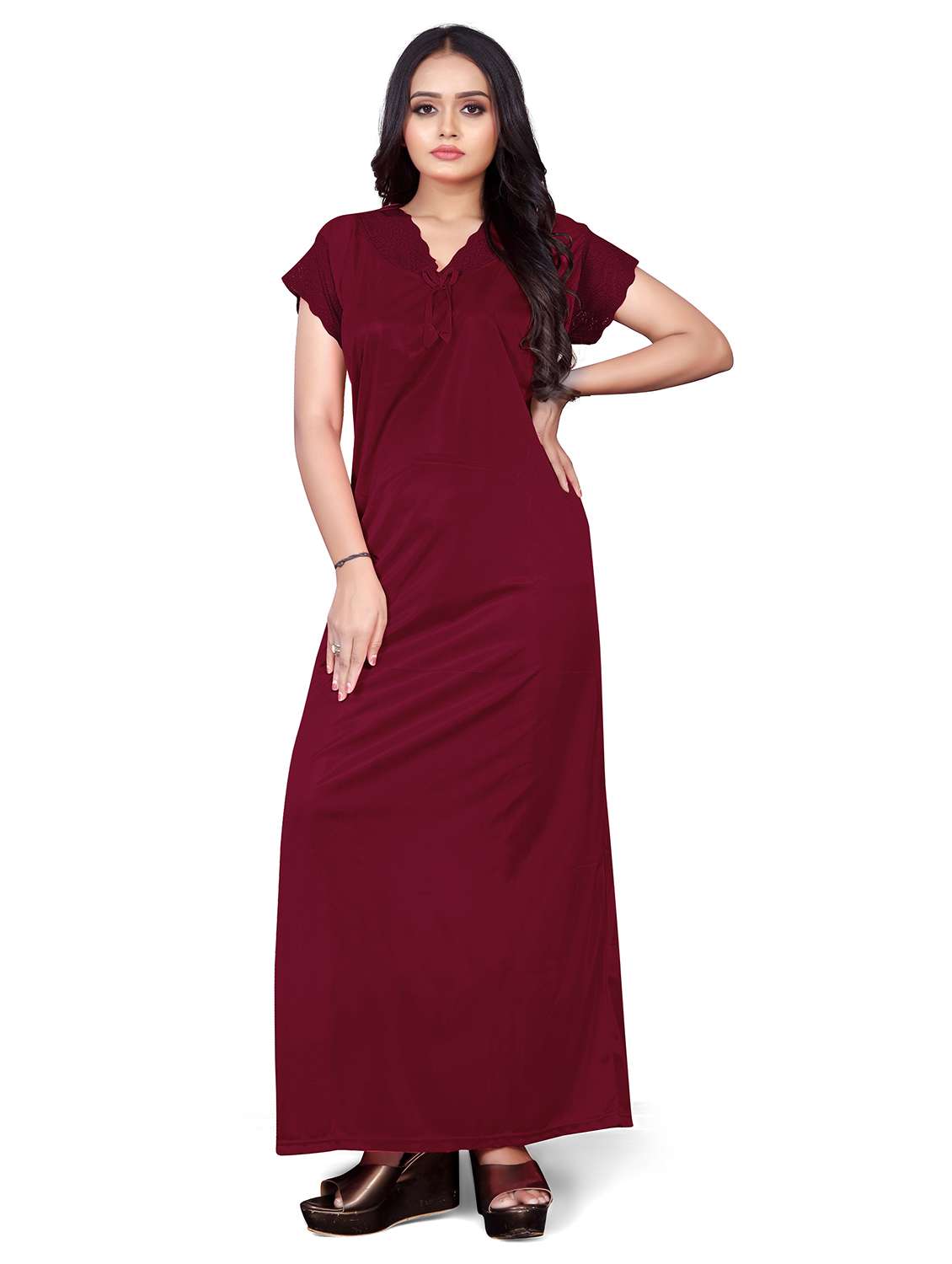 maroon solid detailed nighty