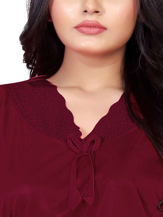 maroon solid detailed nighty - 20223877 -  Standard Image - 3