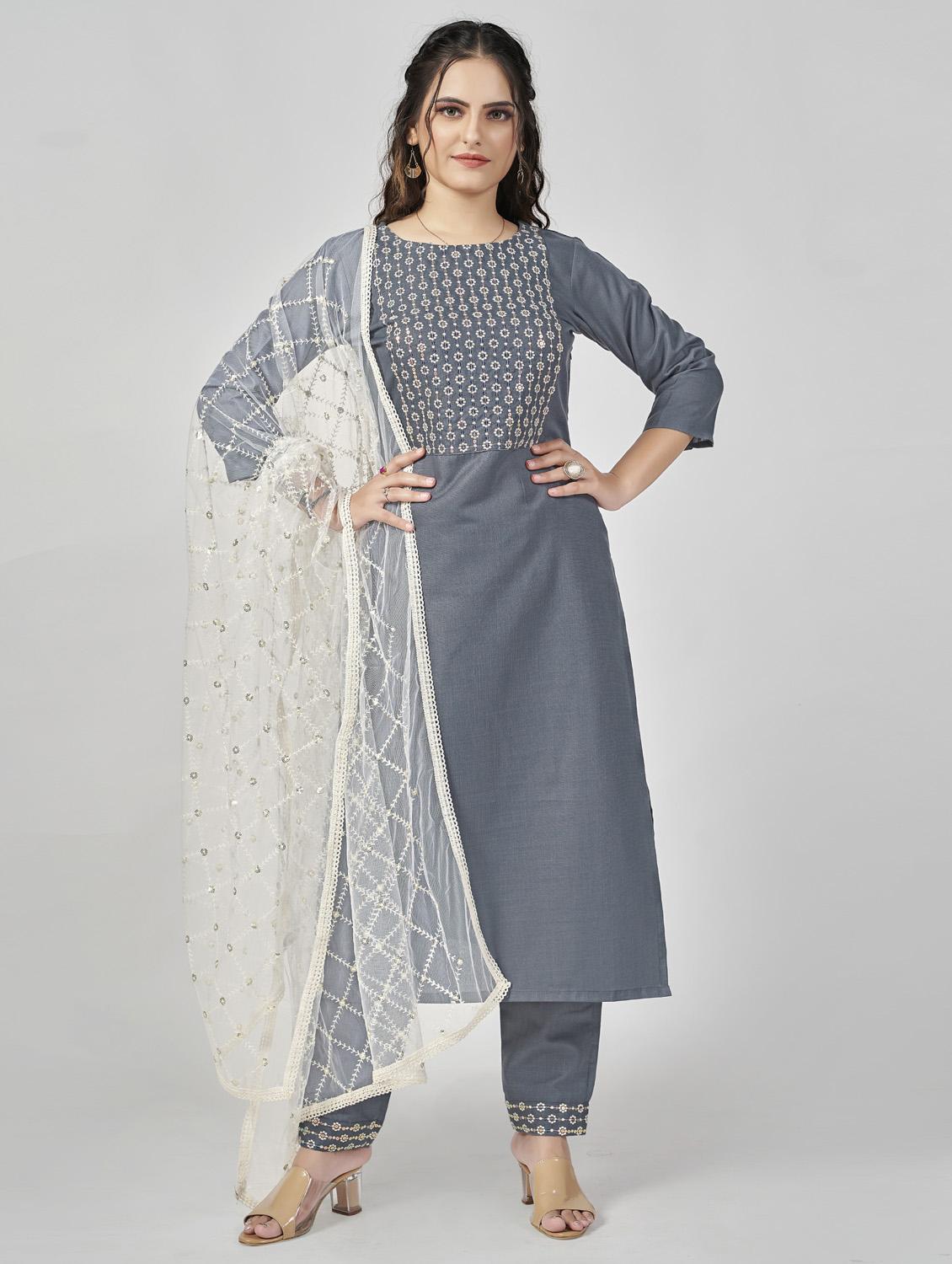 women grey round neck kurta pant set with dupatta - 20223896 - Zoom Image - 0