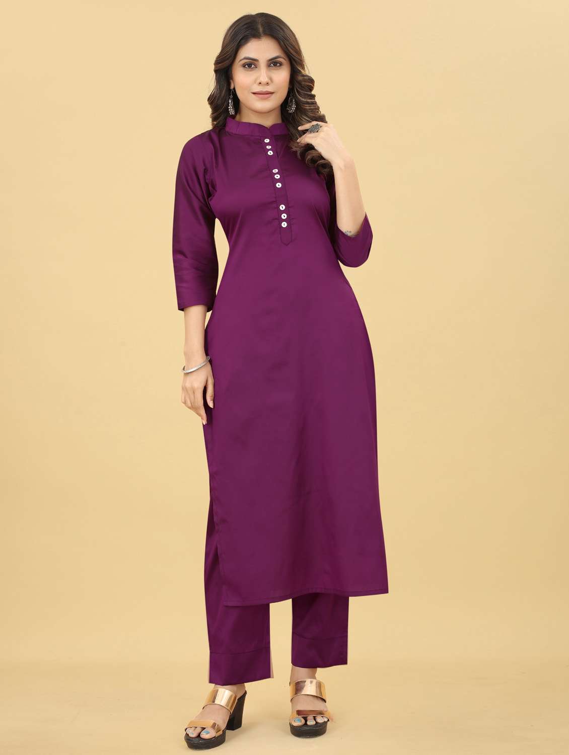 women purple solid mandarin neck kurta pant set - 20224233 -  Zoom Image - 0