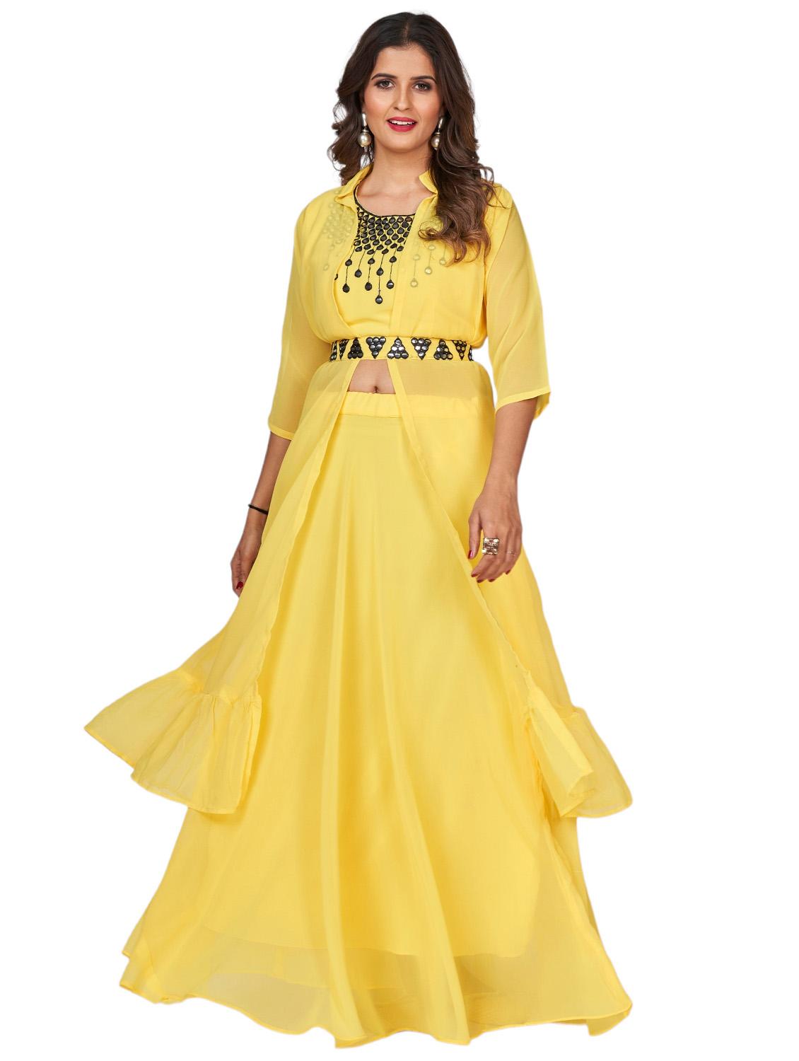 yellow mirror work top skirt & shrug fusion set  - 20224325 -  Zoom Image - 0
