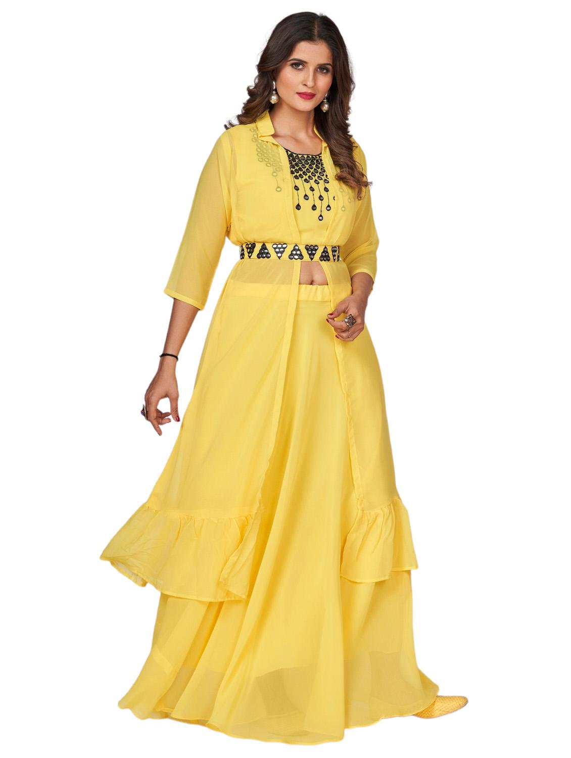 yellow mirror work top skirt & shrug fusion set - 20224325 - Standard Image - 3