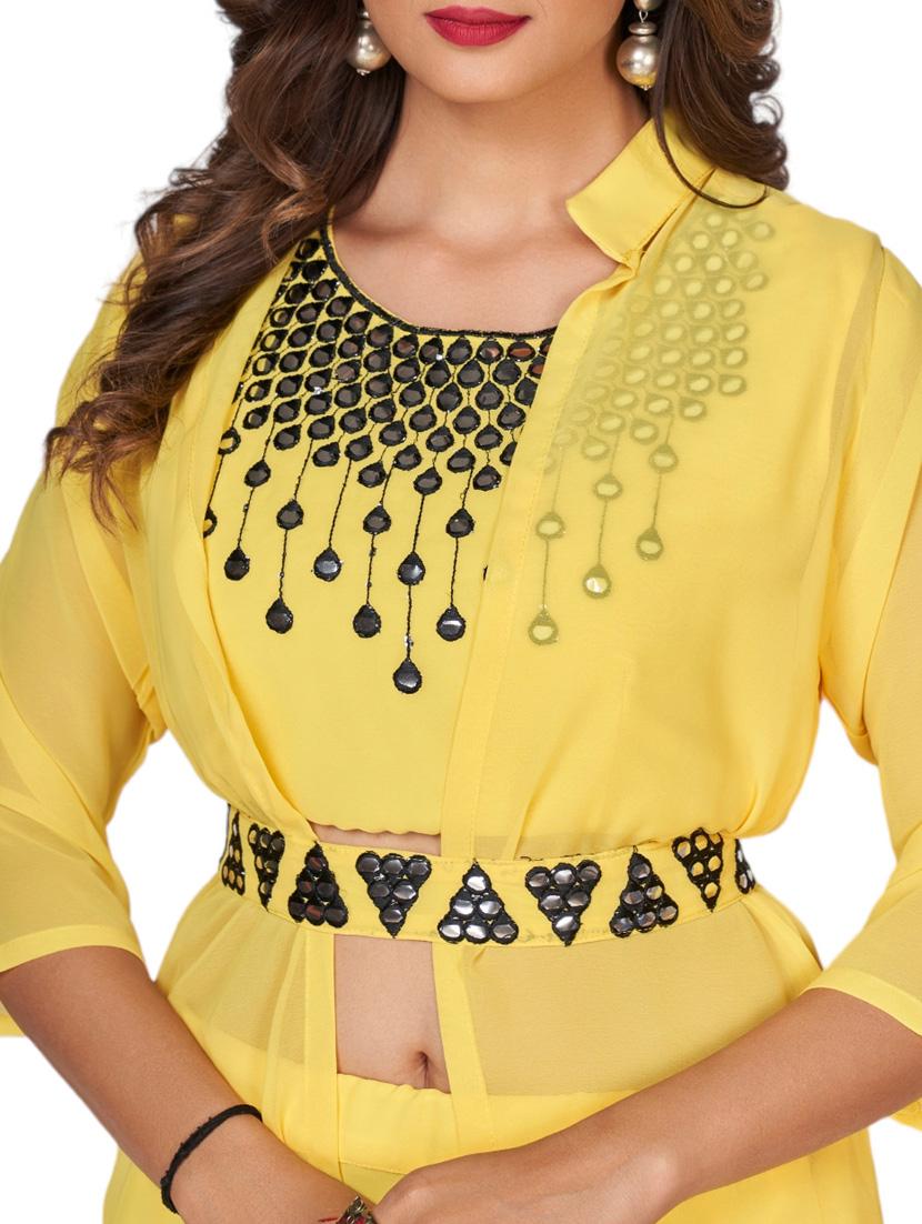 yellow mirror work top skirt & shrug fusion set - 20224325 - Standard Image - 5