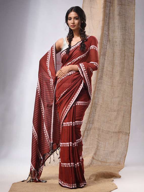 women's stripes maroon colored saree with blouse