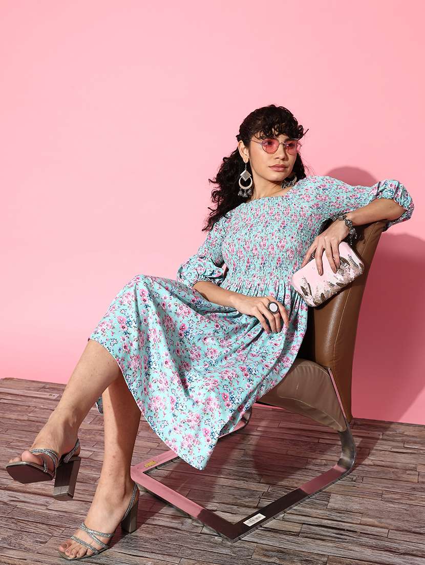 light blue florals printed square neck a-line dress - 20225505 -  Standard Image - 3