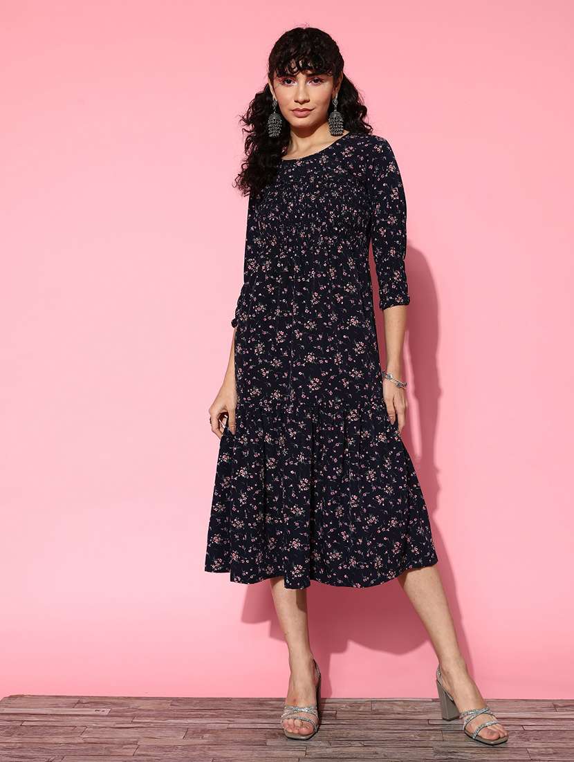 black florals printed round neck a-line dress