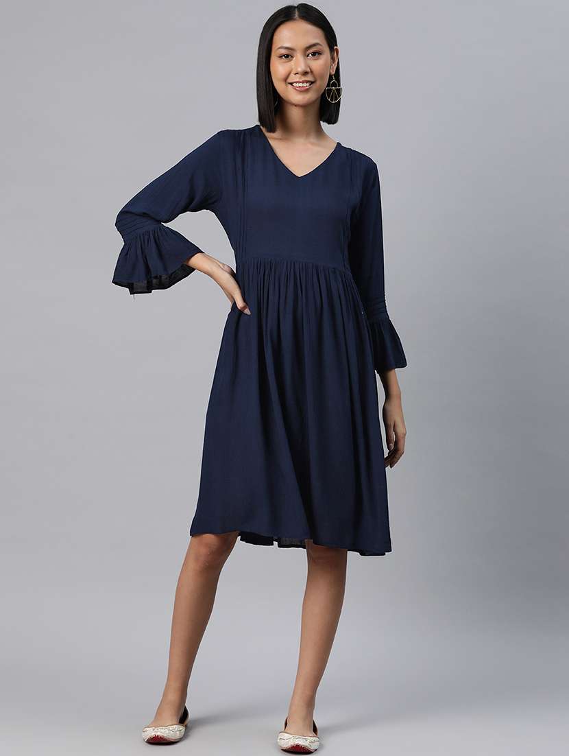 women navy blue solids v- neck flared dress