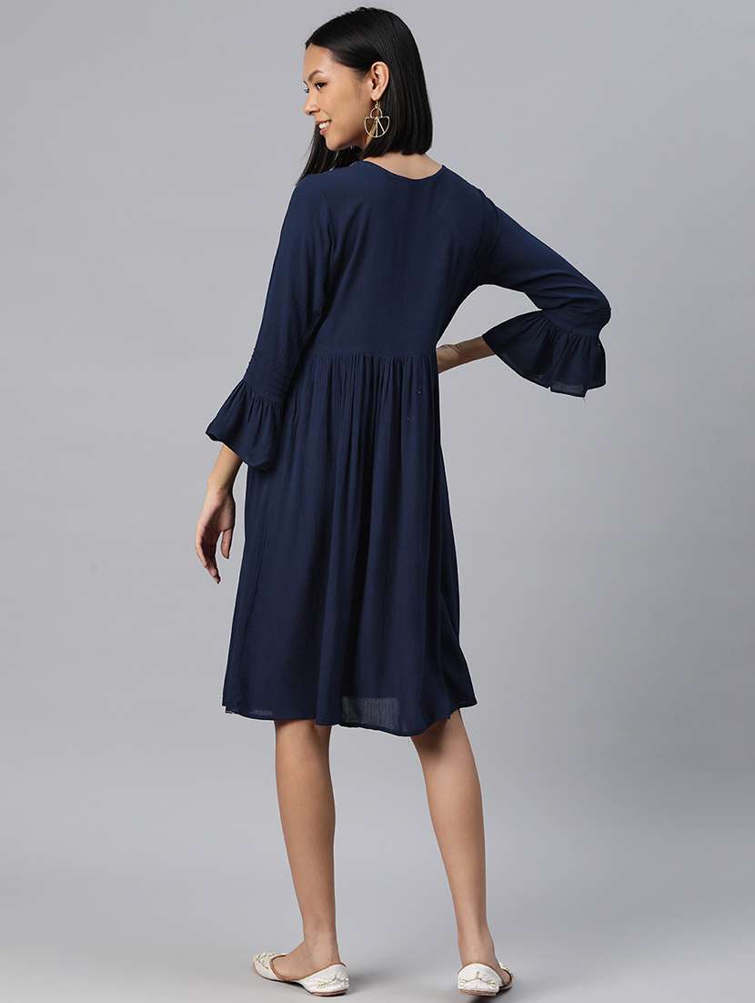 women navy blue solids v- neck flared dress - 20225513 -  Standard Image - 3