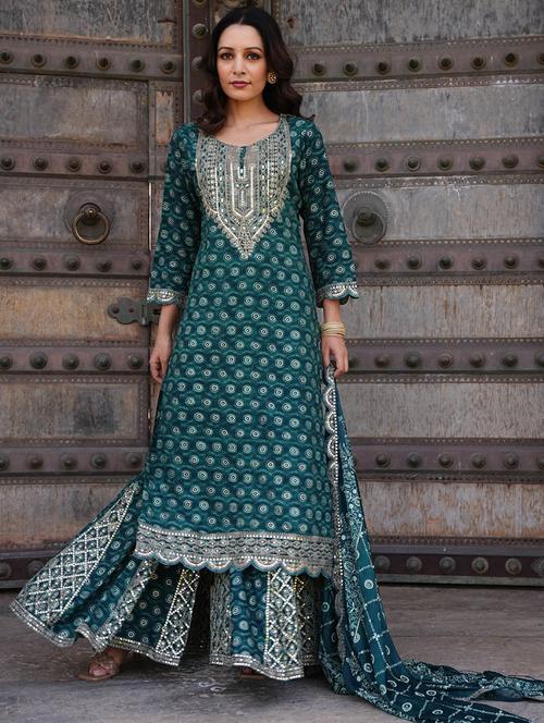 green round neck kurta dupatta set - 20225723 -  Standard Image - 0