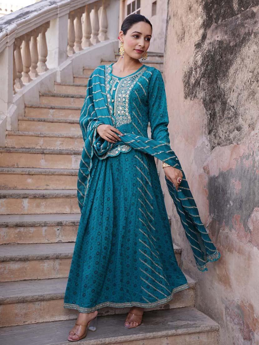 teal colored kurta dupatta set - 20225725 - Zoom Image - 0