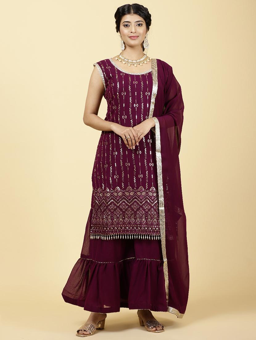 burgundy colored kurta sharara set - 20225745 - Zoom Image - 0
