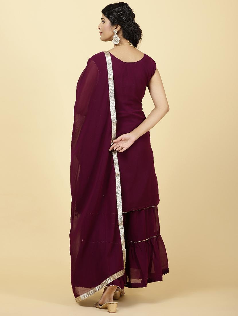 burgundy colored kurta sharara set - 20225745 - Standard Image - 3