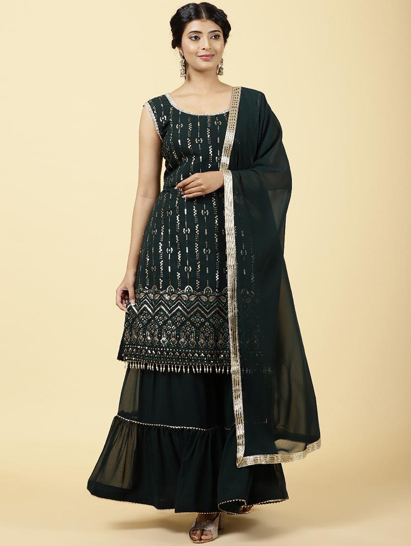 bottle green colored kurta sharara set - 20225746 - Zoom Image - 0