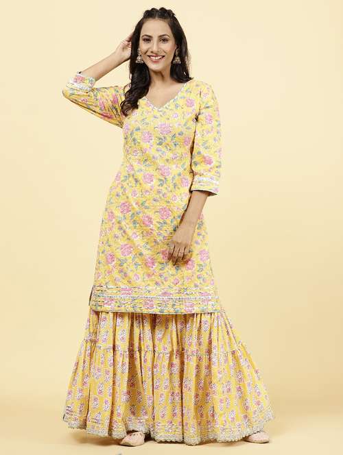 yellow colored kurta sharara set - 20225752 - Standard Image - 0
