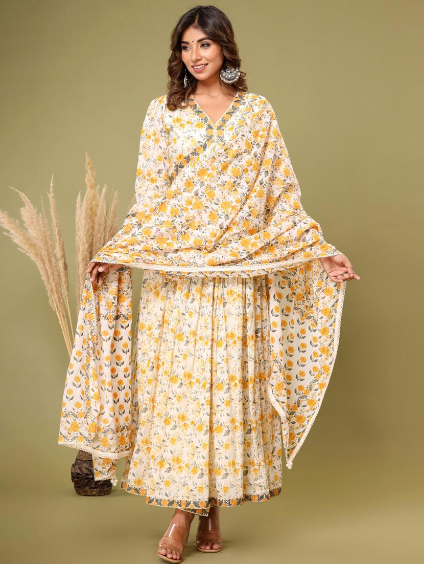 cream colored kurta dupatta set - 20225830 -  Zoom Image - 0
